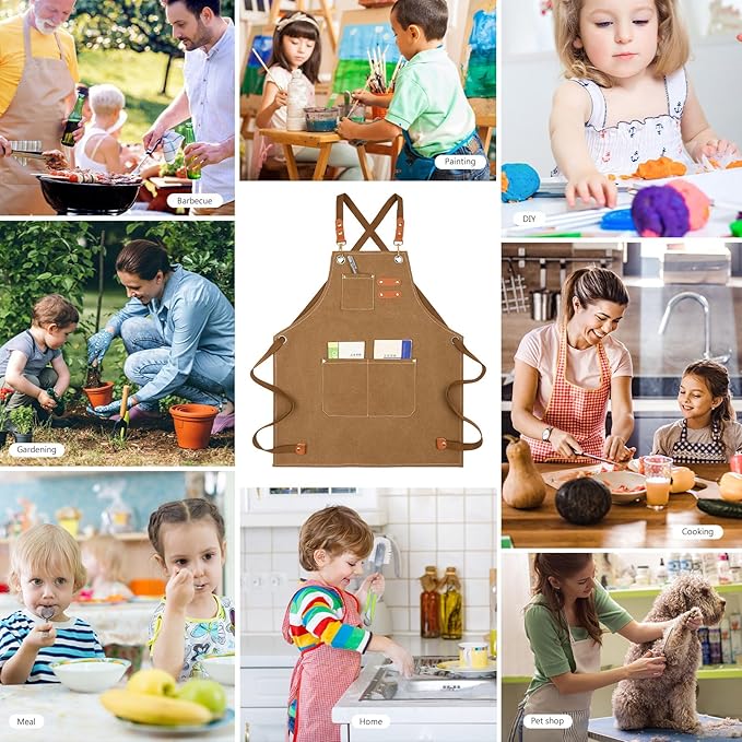 Unisex Aprons with Large Pockets,Cotton Canvas Cross Back Heavy Duty Adjustable Work Apron,Size Kids to Adult