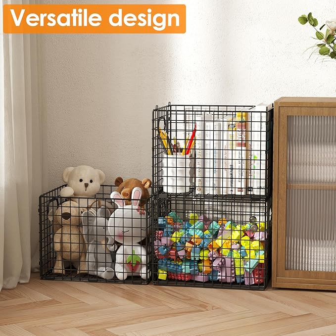 3-Pack Metal Milk Crate for Storage, Large 40qt Stackable Collapsible Storage Bins with Handle, Heavy Duty Storage Baskets for Shelves, Folding Basket Organizer for Car, Garage, Home, Camping, Office