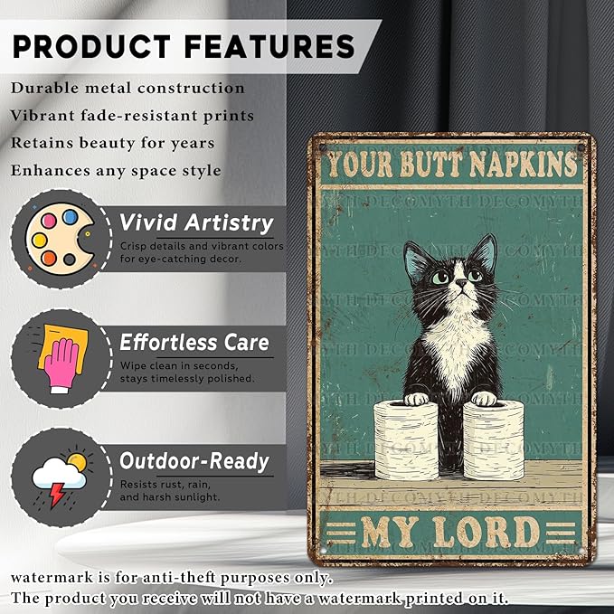 Funny Cat Vintage Metal Tin Sign Your Napkin My Lord for Bathroom Wall Decor 12 * 8inch