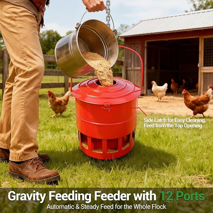 Metal Hanging Chicken Feeder No Waste, Rain-Proof Automatic Chicken Feeders, No-Spill Poultry Feeder, Rat Proof Gravity Chicken Feeder with 12 Ports for Farm & Backyard Chicken Coop