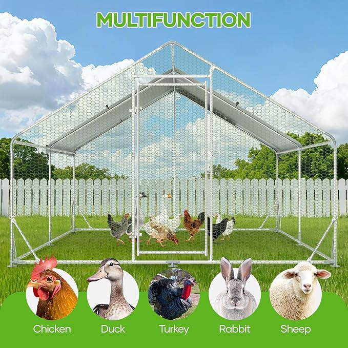 Large Metal Chicken Coop,10x13 FT Walk in Chicken Runs with Cover for 20 Chickens,Hen House Enclosure with Security Lock, Outdoor Duck Rabbit Cage Poultry Pens for Backyard,Farm,Yard
