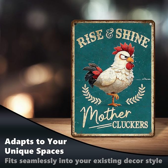 Funny Chicken Signs Rooster Kitchen Decor Rise And Shine Mother Cluckers Tin Signs Vintage Coop Metal Decor Rustic Wall Art For Home Farmhouse Farm Poultry House Cafe Bar Office 16 * 12 In