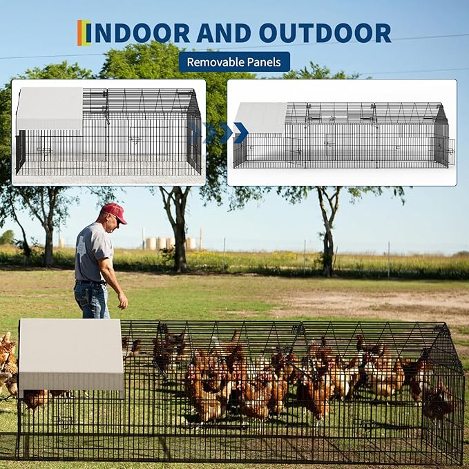 Large 130" Metal Chicken Coop Run with Waterproof Cover – Portable Outdoor Poultry Cage, Rabbit Hutch, Duck House, Pet Playpen – Easy Assembly, Secure Lock, 4-Door Design, All-Weather Enclosure