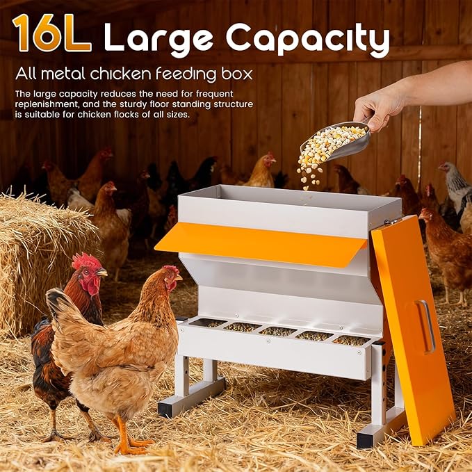 16L Metal Chicken Feeder, Adjustable Poultry Feeder with 5 Ports, Large Capacity Chicken Feeder No Waste for Chickens Ducks Turkeys
