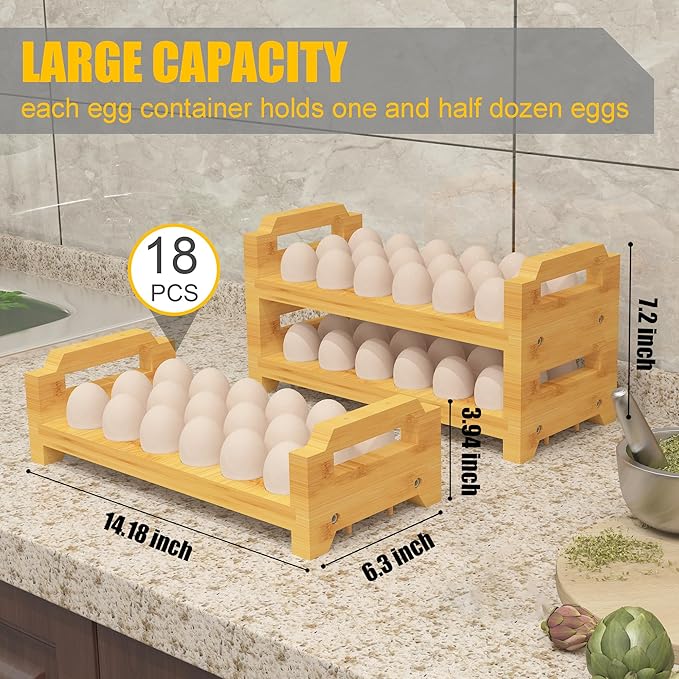 Bamboo Egg Holder Countertop - Stackable Design for Fresh Eggs, Farmhouse Egg Tray Storage Display Rack, Kitchen Counter Top Organizer Wooden Egg Stand, Fits Quail, Duck, Turkey, Chicken Eggs (Modern)