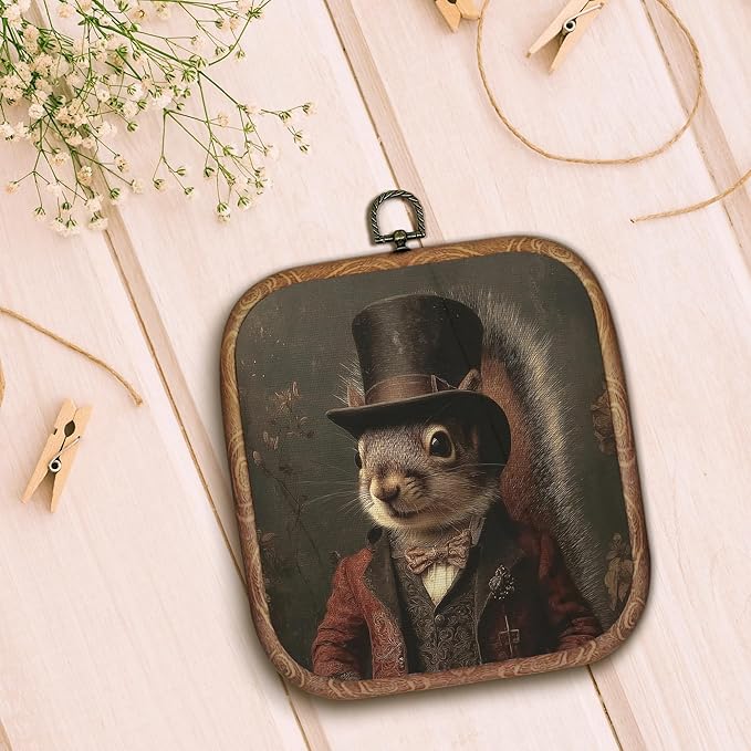 Hxlac Victorian Squirrel Rectangular Wall Art Framed, Vintage Victorian Style Animal Rectangular Wall Decor, Autumn Squirrel Hanging Canvas Prints Wall Sculptures for Farmhouse Home Room Decor, 5.7×6.5 Inch