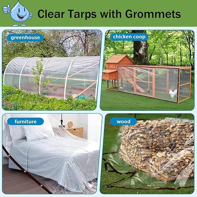 Clear Tarp Waterproof Heavy Duty Plastic Tarps,Vinyl Transparent Tarpaulin with Grommets,for Patio Transparent Lonas Greenhouse Chicken Coop Covers for Winter,10x28 FT