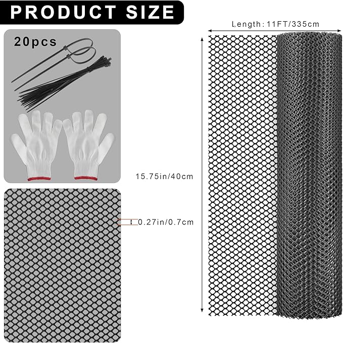 15.7IN x 11FT Black Chicken Wire mesh,Comes with 20 Twist Ties and Gloves,Plastic Chicken Wire Fencing,Poultry Netting,Poultry Fence,Chicken Wire for Crafts,Plastic Garden Fencing,Floral Chicken Wire