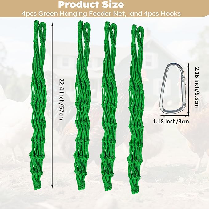 Chicken Vegetable Fruit Hanging Feeder 4Pcs, Reusable String Bag with Hook for Chicken Coop Toys, Poultry Feeding Tool for Hens,Duck,Goose(Green)