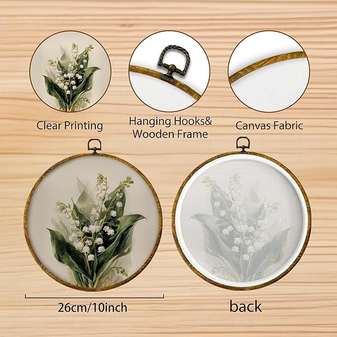 Hiuwevt Vintage Lily of the Valley Floral Round Wall Art Decor, Retro Flower Botanical Framed Canvas Prints, Floral Round Wall Hanging Decor for Home Bedroom Living Room Decorations, 10x10 Inches