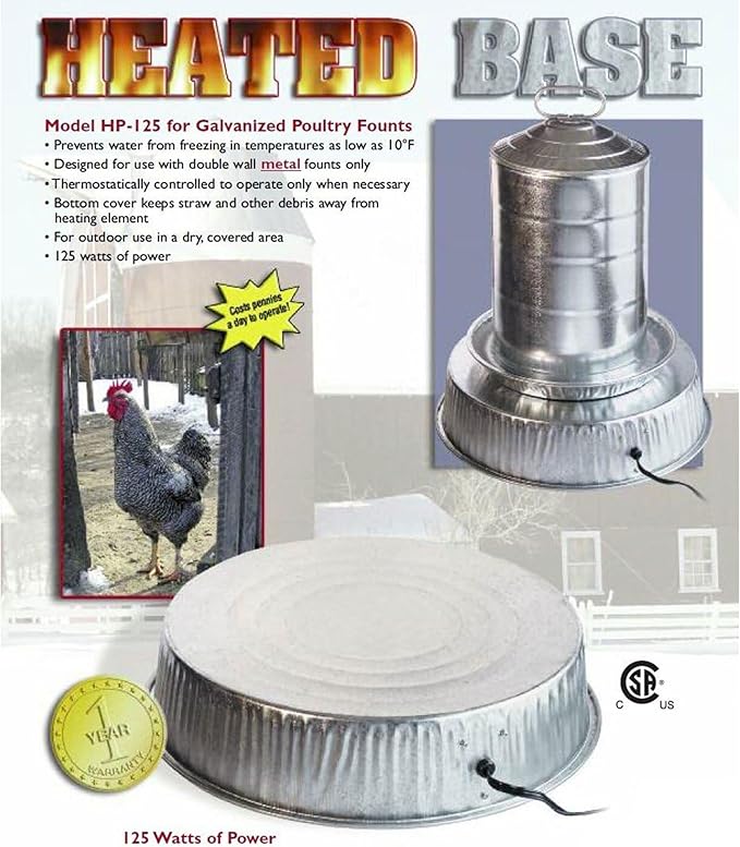 Farm Innovators Heated Base for Double Wall Metal Founts Poultry Waterer, 125W Outdoor Water Bowl Heater for Chickens, Turkeys, Ducks, and Geese
