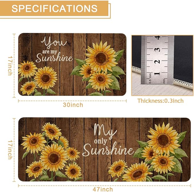 Roszwtit Farmhouse Kitchen Rugs and Mats Set of 2, Sunflower Kitchen Mat, Seasonal Spring Summer Cooking Sets Low-Profile Non-Slip Floor Mats for Home Kitchen Decor - 17x29 and 17x47 Inch