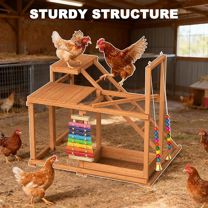 Chicken Perch with Swing, Chicken Roosting Bars, Wood Toy for 3-4 Birds, Hen Ladder & Activity Play, Chickens for Coop with Multiple Perches & Feeder, Suitable for Backyard Farm