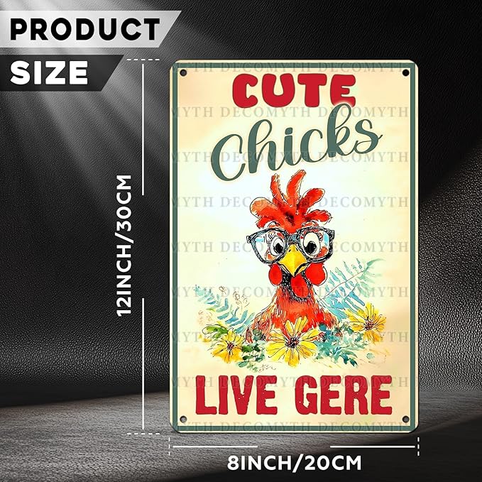 Vintage Chicken Sign Cute Chicks Live Here Metal Country Chicken Hen Rooster Tin Signs Funny Coop Signs Outdoor Decor for Lovers House Decor 12 * 8inch