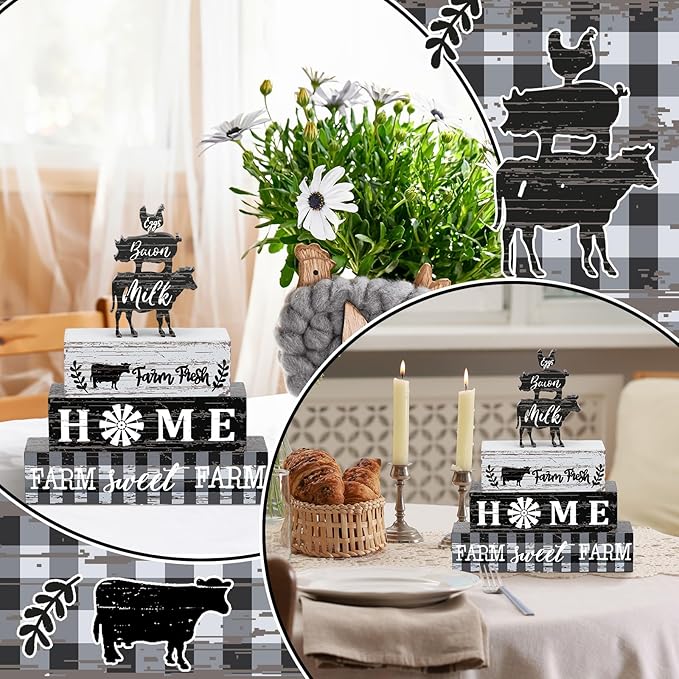 Geelin 4 Pcs Farmhouse Kitchen Signs Cow Rooster and Pig Decors Rustic Wooden Signs Country Table Centerpiece Tiered Tray Decor Table Top Sign for Home Kitchen