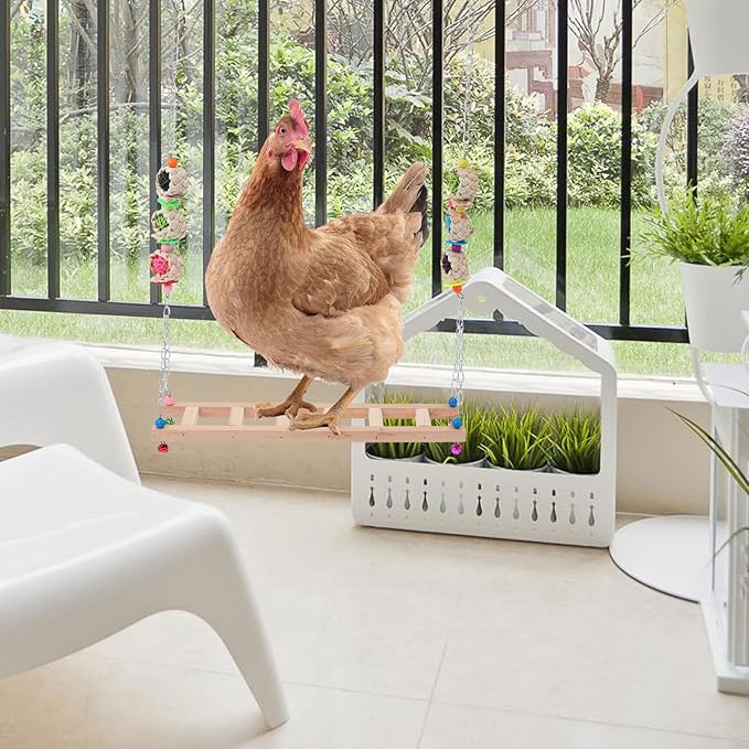 Totority Rooster Wooden Swing and Coop Ladder Accessory with Hanging Climbing Bridge, Natural Wood Chicken Plaything for Pet Supplies and Bird Cage Random Color