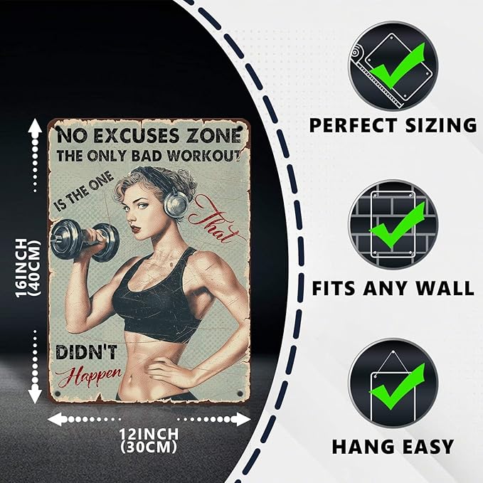 Vintage No Excuses Zone Metal Sign Retro Girl Lifting Dumbbells Fitness Tin Sign Nostalgic Art for Home Gym Personal Studio Wall Decor Living Room Garage Cafe Bar 16 * 12 In