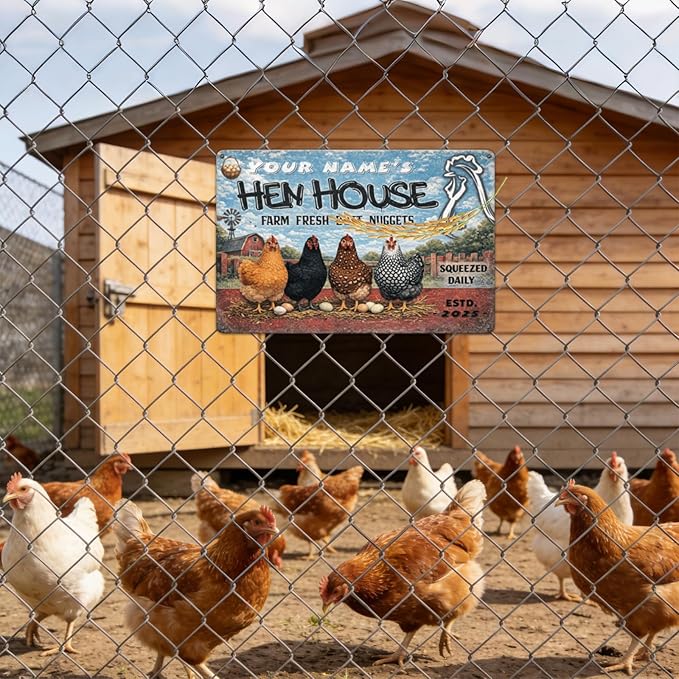 Personalized Hen House Sign with Your Name & Date, Funny Farm Fresh B-u-t-t Nuggets Saying, Custom Rustic Metal Plaque for Chicken Coop & Farmhouse Decor, Vintage Barn Wall Art