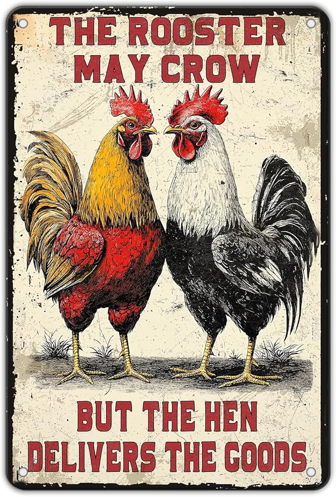 Funny Chicken Signs The Rooster May Crow But The Hen Delivers The Goods Aluminium Sign Metal Chicken Signs Decor Home Ktichen Farm Are Wall 12x8 Inch Vintage Chicken Signs Metal Tin Poster