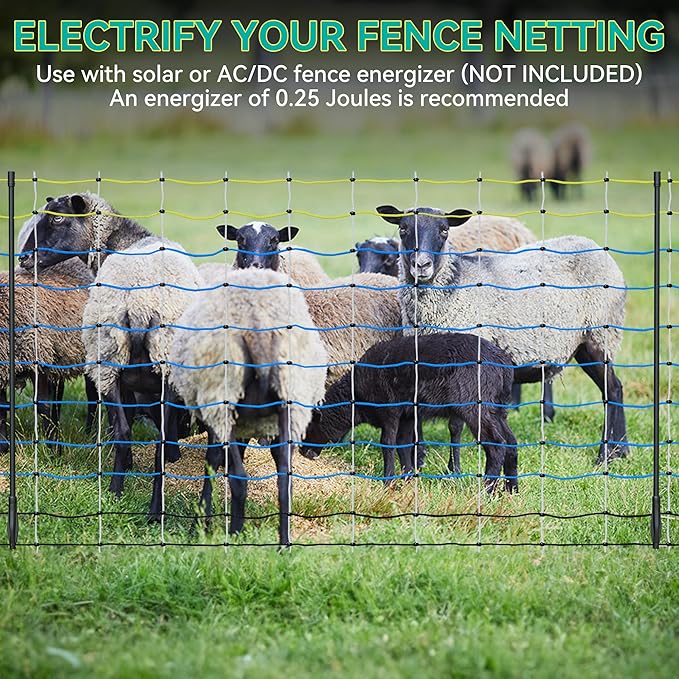 Highly Visible Blue Electric Fence Netting, 49.6" H x 164' L, Portable Livestock Nets Mesh for Goats, Sheep, Hogs, Dog, Electric Fencing for Backyards, Homesteaders, Farms Ranches, and Gardens