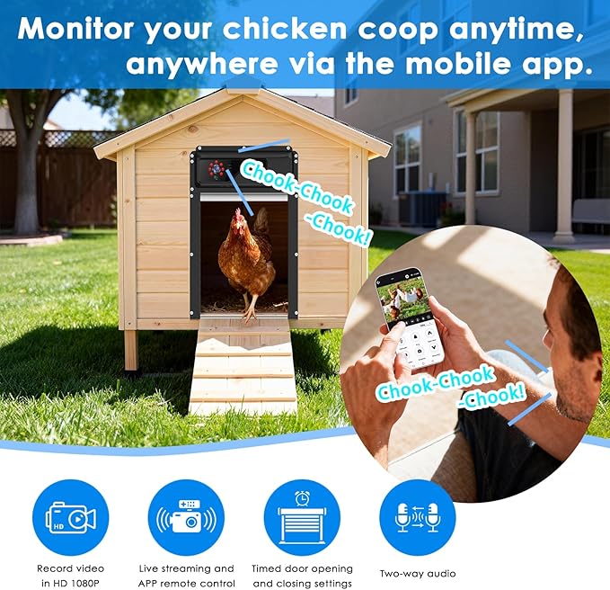 Automatic Chicken Coop Door with HD1080P Camera，Electric Auto WiFi Solar Chicken Coop Door Opener with Timer,Remote Control, APP Control, 5000mA Battery, Night Vision, Alarm Drive,Roll-up Gate