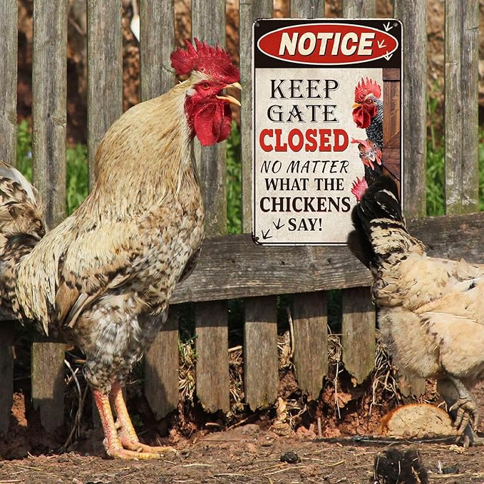 Chicken Gifts for Women Chicken Coop Accessories Chicken Coop Sign Metal Funny Farm Gate Decor Keep Gate Closed Rustic Outdoor Wall Art for Chicken Enthusiasts Lovers