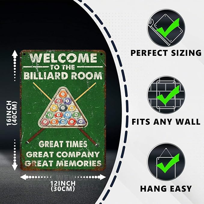 Retro Billiards Tin Sign Welcome to The Billiard Room Vintage Metal Poster great time great company great memories Nostalgic Wall Art Decorations for Home Bar Pub Man cave Shop 16 * 12 In