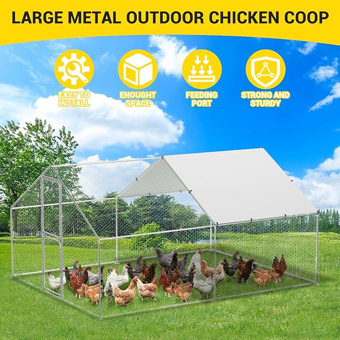 GarveeLife Large Metal Chicken Coop with Waterproof and Anti-UV Cover, Walk-in Poultry Cage, Outdoor Chicken Run for Backyard Farm Use, 9.8x13.1x6.6 FT