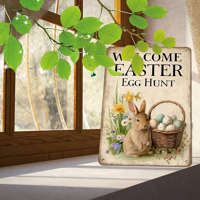 Easter Bunny Vintage Tin Sign Welcome To Our Egg Hunt Metal Sign Suitable For Gardens, Homes, Apartment Walls 12X16Inch