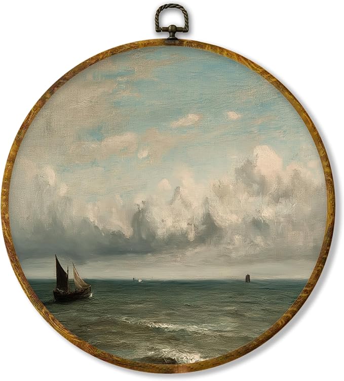 shiviody Vintage Coastal Sailboat Canvas Wall Art Decor, Moody Nautical Ocean Maritime Seascape Beach Round Hanging Frame Prints Decorations for Home Bedroom Living Room Beach House 10"x10"