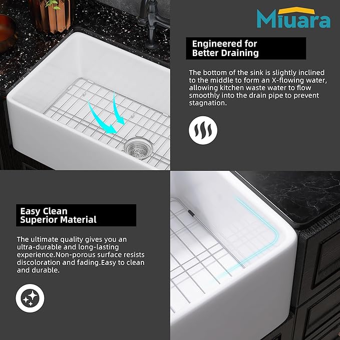 Miuara Farmhouse Sink 33 Inch - Apron Front Kitchen Sink Reversible 33"x18"x10", Undermount Installation, Farm House Style Single Bowl, Solid Fireclay, Glossy White, for Kitchen