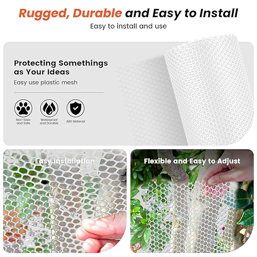 16IN x 50FT Plastic Chicken Wire Mesh, Chicken Wire for Floral Arrangements, Chicken Wire Mesh for Crafts with 100 Pcs Zip Ties, Mesh Fence for Dogs, Deers, Poultry