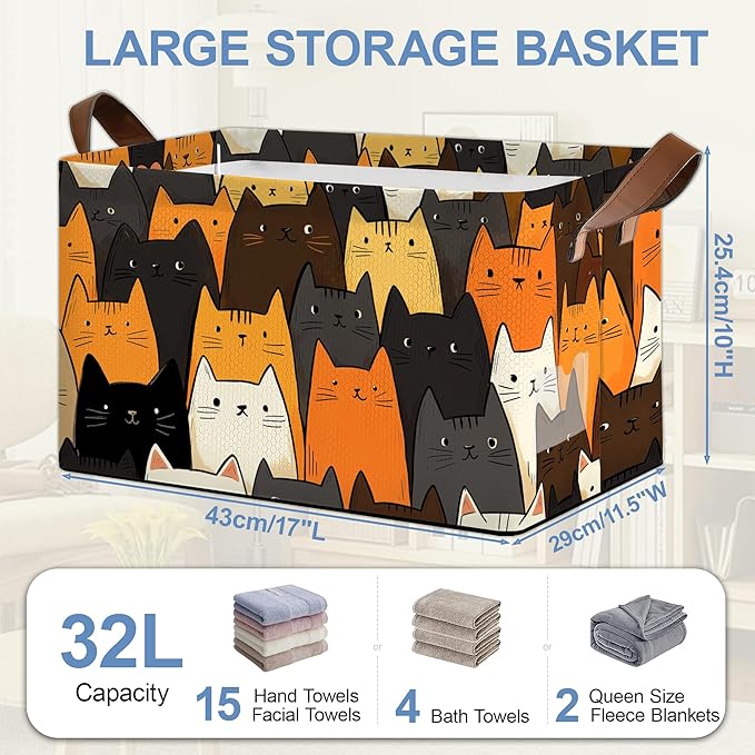 Funny Cat Storage Baskets,Foldable Organizer Bin with Handles for Home Living Room Bedroom Closet Box 17x11.5x10Inch