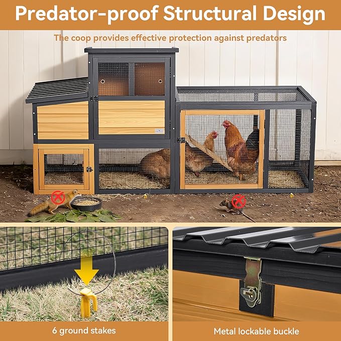 PETSFIT Wooden Chicken Coop for 2-4 Chickens, Backyard Coop with Run, 2 Nesting Boxes and 2 Roost Bars,PVC Windows, Easy-Clean 3-Door Access,Weather-Resistant PVC Roof, 6 Ground Stakes