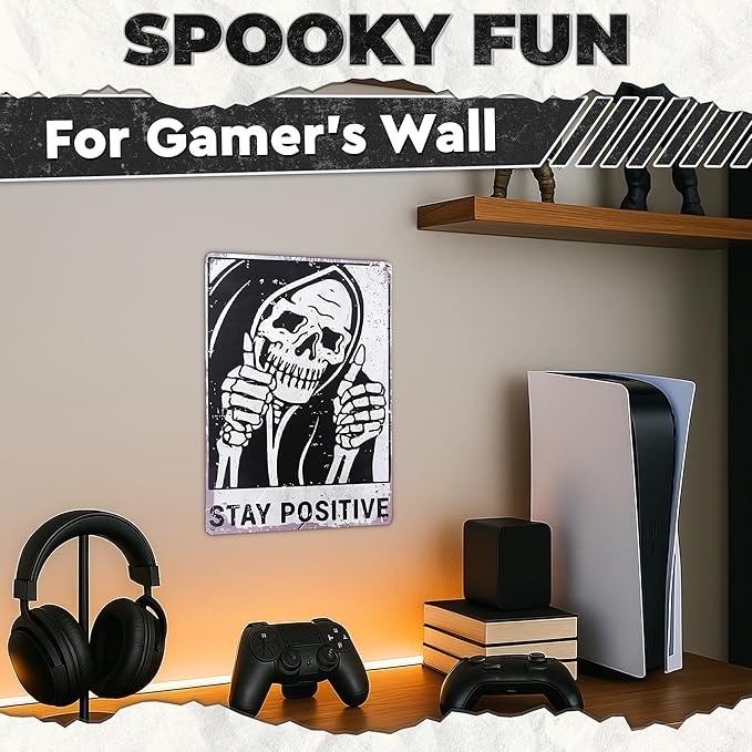 Halloween Skull Decor for Home – Stay Positive Tin Signs Vintage Style 8×12 Inch – Easy to Hang Halloween Wall Decor, Funny Metal Signs for Bedroom, Living Room, Garage, Office – Indoor/Outdoor Use