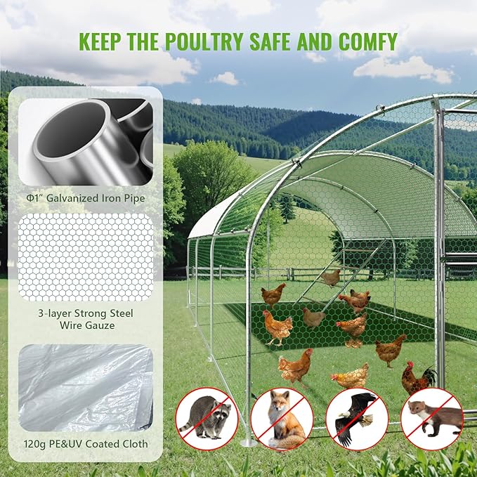 Large Metal Chicken Coop, 10x20x6.5FT Chicken Runs for Yard with Cover and Roosting Perch, Split Doors Walk in Chicken Coop
