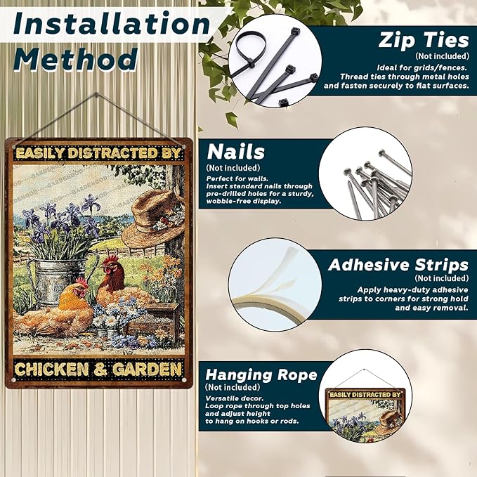 Chicken Vintage Tin Sign Easily Distracted By Chicken & Garden Metal Sign For Garden Home Decor 16x12 Inch