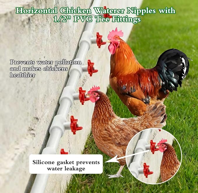 15-Pack Horizontal Chicken Nipples Waterer with 1/2" PVC Tee Fittings, Automatic Poultry Waterer Kit for DIY Chicken Duck Quail Watering System, Side Mount Drinker