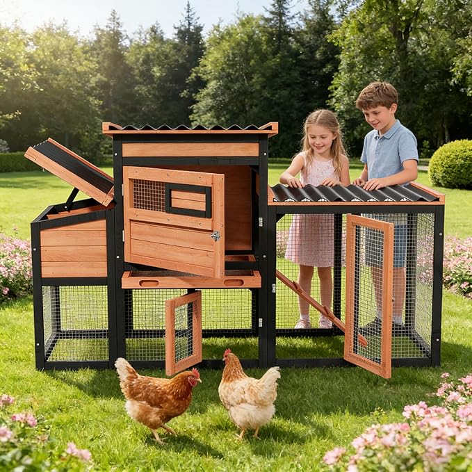 Wooden Chicken Coop with Outdoor Run, 4-Season Weatherproof Poultry Cage for Hens Ducks Rabbits, Large Walk-in Pet House with Nesting Box, Removable Tray & Secure Latch for Backyard Farm
