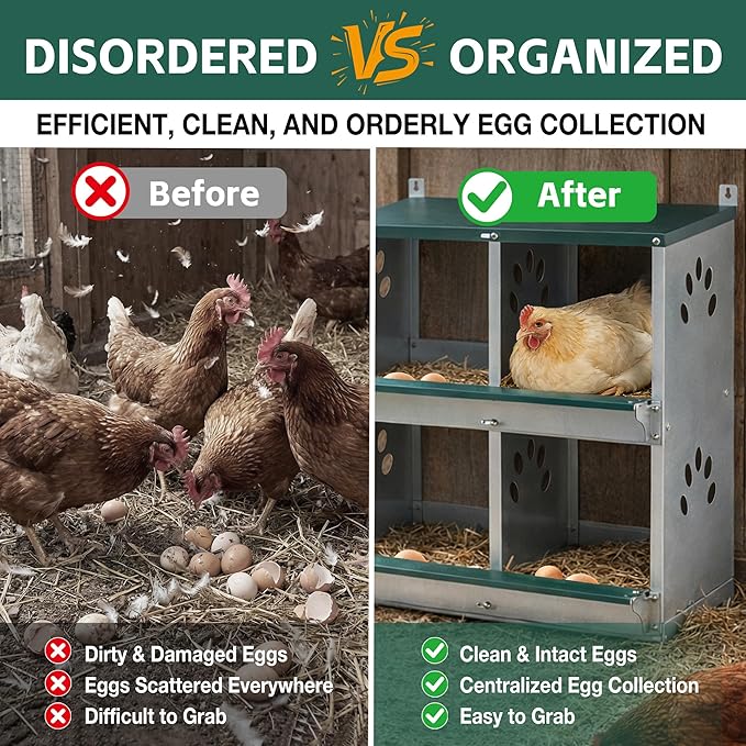 3/4 Compartment Chicken Nesting Boxes, Metal Wall Mount Chicken Egg Laying Box with Roll Out Egg Collection, Galvanized Steel Chicken Nesting Box for Laying Hens, Easy to Clean & Assemble (4-Hole)