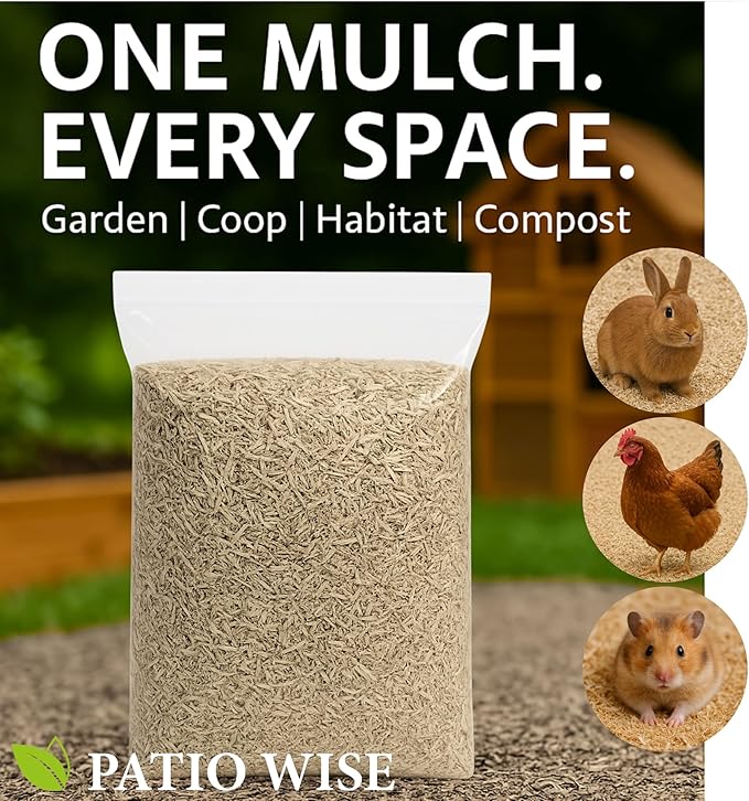 Patio Wise Premium All Natural Hemp Bedding & Garden Mulch – Dust-Free, Odor-Control, Ultra-Absorbent Pet Bedding for Small Animals, Chickens & Livestock – Bagged Biodegradable Ground Cover- 33 lb