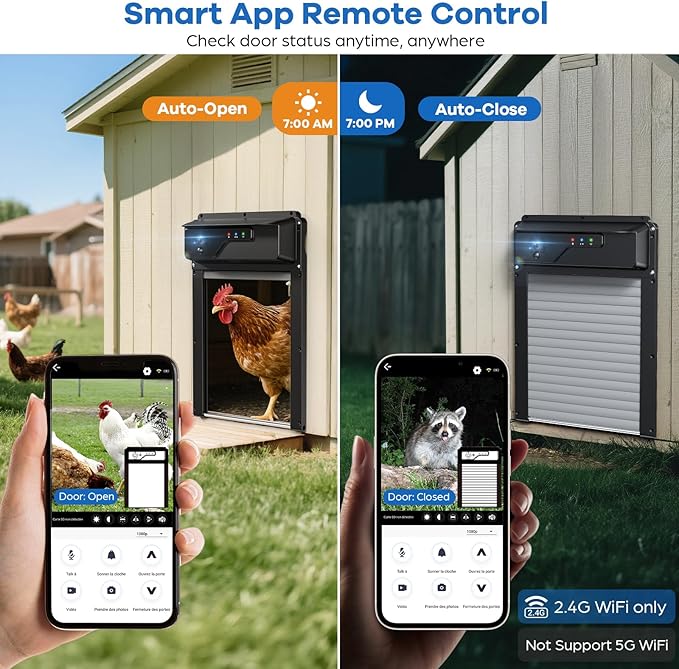 WiFi Automatic Chicken Coop Door with Camera, APP Remote Control, Smart Solar Powered Auto Chicken Door Opener with Timer, Night Vision, Anti-Pinch Safety, Smart Alerts, Space-Saving Roll-Up Design
