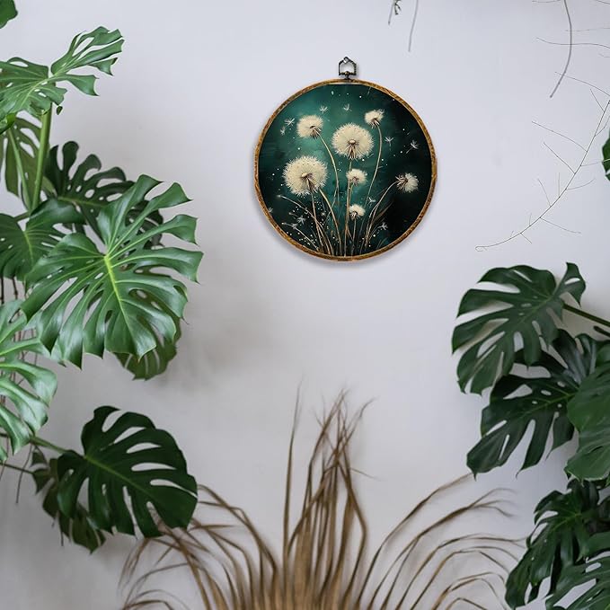 Hiuwevt Deep Green Dandelion Round Wall Art Decor, Moody Dark Floral Botanical Framed Canvas Prints, Rustic Cottagecore Plant Round Wall Hanging Decor for Bedroom Home Decorations, 10x10 Inches