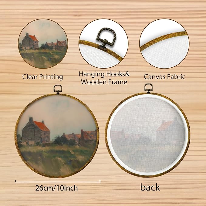 Hiuwevt Vintage Farmhouse Landscape Round Wall Art Decor, Moody French Country Framed Canvas Prints, Rustic Cottagecore Countryside Round Wall Hanging Decor for Home Bedroom Decorations, 10x10 Inches