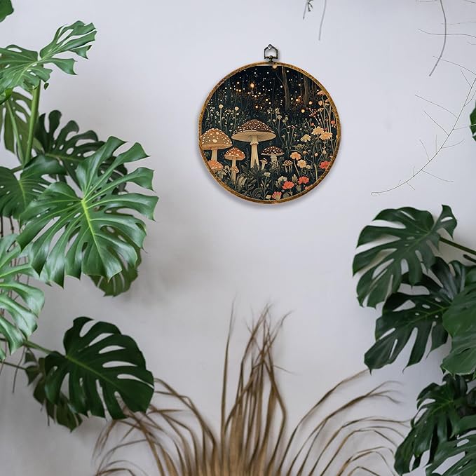 Hiuwevt Mushroom Round Wall Art Decor, Mystical Magical Enchanted Mushroom Forest Framed Canvas Prints, Vintage Fantasy Dark Moody Round Wall Hanging Decor for Bedroom Home Decorations, 10x10 Inches