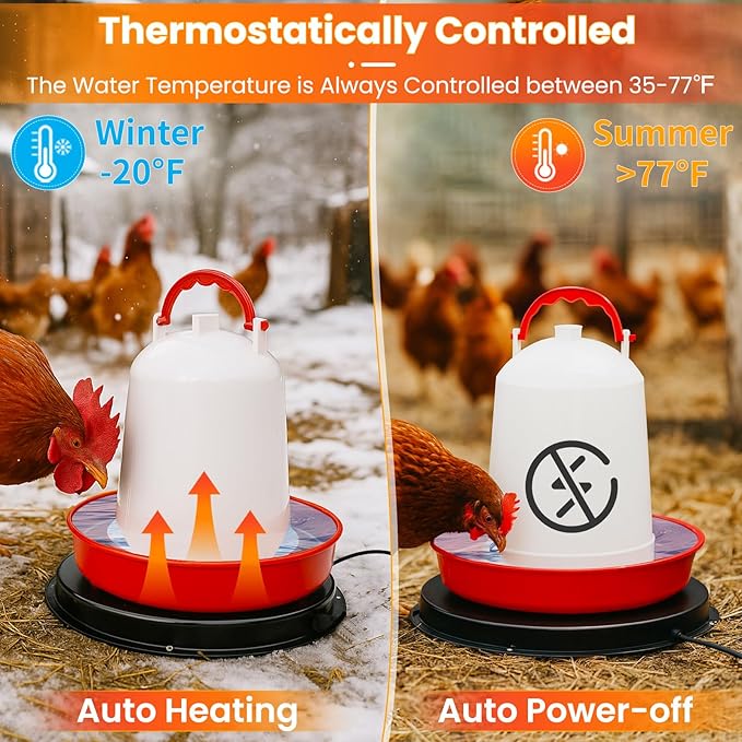 Chicken Water Heater for Winter, 11'' Heated Waterer Base for 1-5 Gallon Metal/Plastic Poultry Waterer, Built-in Thermostat (77℉ Auto Shut-Off), 110W Coop Heater with 6.6ft Power Cord