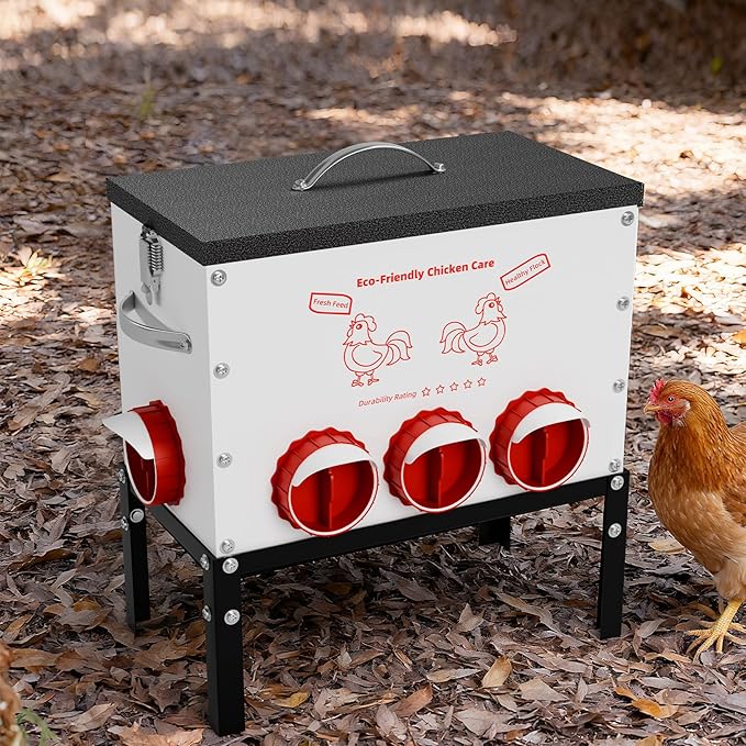 Automatic Chicken Feeder No Waste 50 Pounds 8 Ports Metal Poultry Feeder with Latch & Handle Adjustable Height Heavy-Duty Stand - Outdoor Feeding Station for Chickens, Ducks & Geese(Black-50LB-8Port)