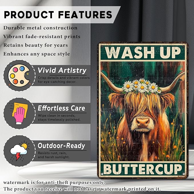 Vintage Highland Cattle Tin Sign Wash Up Buttercup Retro Wall Decor Decorations for Home Funny Cow Lover Poster Indoor Store Cafe Toilet Farmhouse Yard Garden Bar Pubs Rustic Farm 12 * 8inch