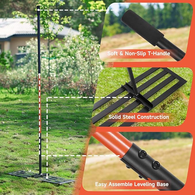 Lawn Leveling Rake, 30''x10'' Leveling Rake, 78 inch Handle Length, Stainless Steel, Adjustable Handle for Backyard, Garden, Golf Course, Farm ＆ Pasture, Professional Lawn Care Tool