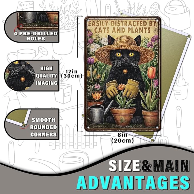 PEACHGARDEN Garden Sign Cat Outside Sign Easily Distracted by Cats and Plants Vintage Funny Metal Wall Art for Home Farmhouse Kitchen Outdoor Gift 8x12inch